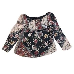 Cliche Blouse Women Large Black Pink Off the Shoulder Ruffle Patchwork Cottage